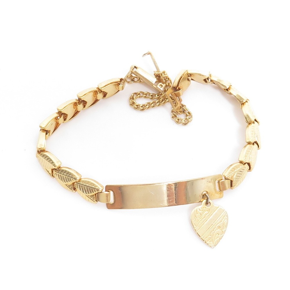 VINTAGE LEAF DESIGN BLANK MONOGRAM ID PLATE HEART CHARM BRACELET SIGND HONG KONG